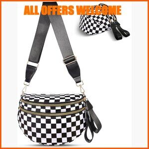 Checkered Crossbody Bag Nylon Bum Bag with Adjustable Shoulder Strap